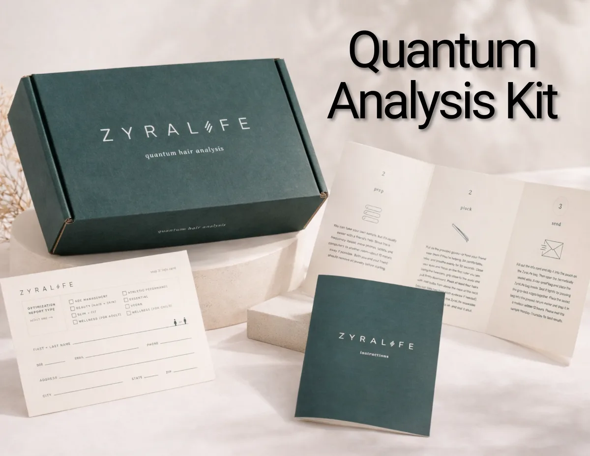ZyraLife Quantum Hair Analysis Kit — box, instructions, and info card laid out